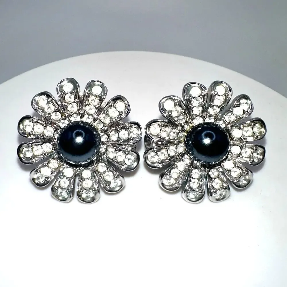 St. John vintage silver tone rhinestones faux black pearl clip on earrings